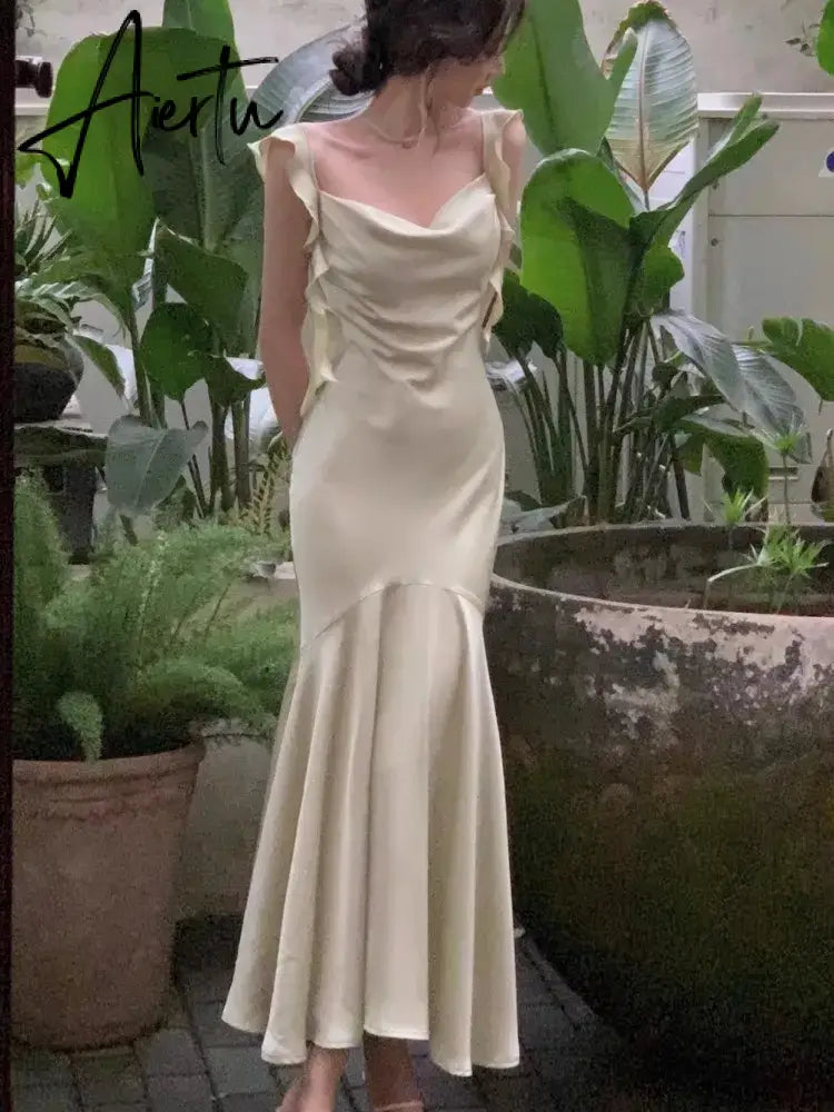 French Elegant Satin Bodycon Mermaid Dress for Women Summer Fashion Ruffle Wedding Party Vestido Female Spaghetti Strap Clothing Aiertu