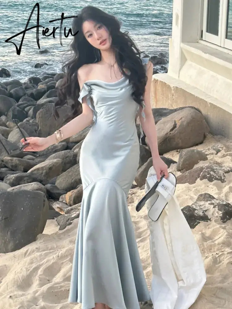 French Elegant Satin Bodycon Mermaid Dress for Women Summer Fashion Ruffle Wedding Party Vestido Female Spaghetti Strap Clothing Aiertu