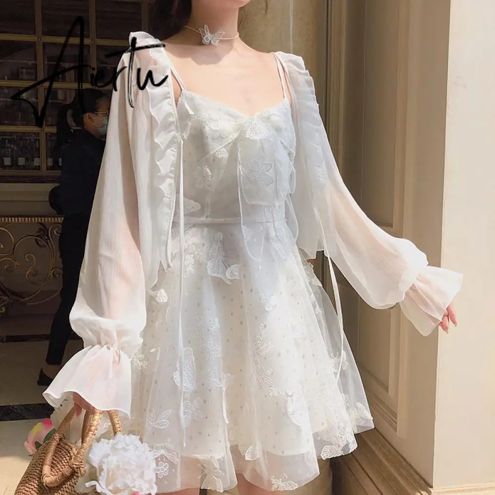 French Fairy Dress Women Elegant Sleeveless Chiffon Mini Dress Casual Floral Print Korean Kawaii Summer Dress Women Aiertu