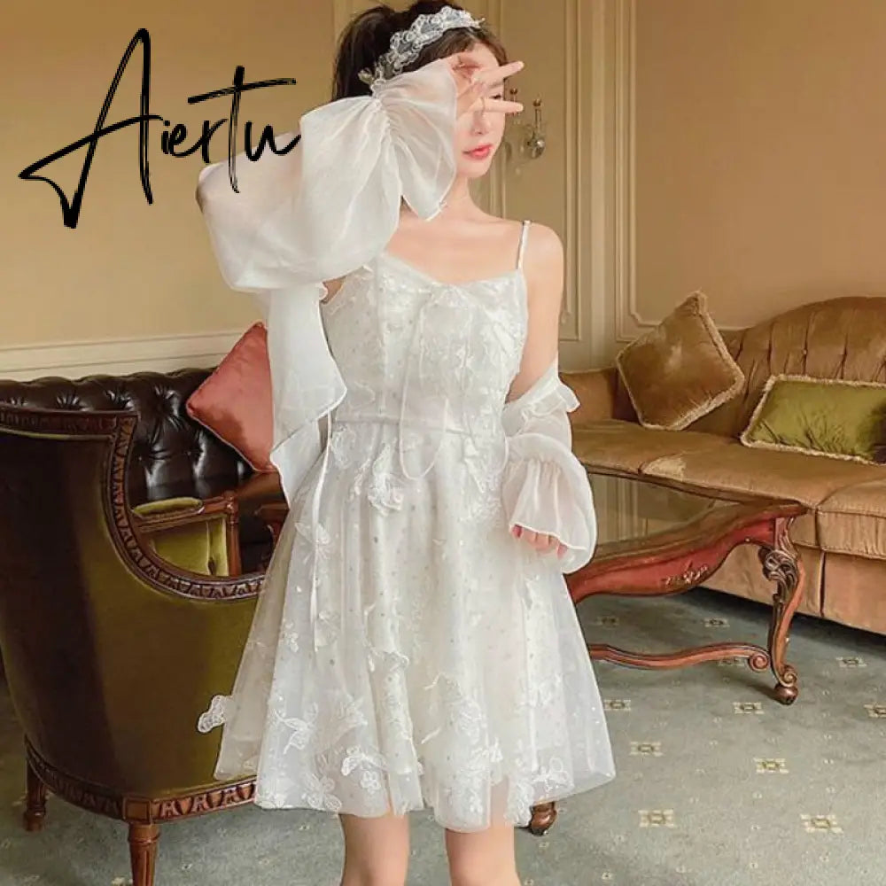 French Fairy Dress Women Elegant Sleeveless Chiffon Mini Dress Casual Floral Print Korean Kawaii Summer Dress Women Aiertu