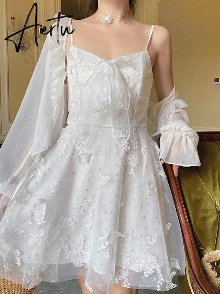 French Fairy Dress Women Elegant Sleeveless Chiffon Mini Dress Casual Floral Print Korean Kawaii Summer Dress Women Aiertu