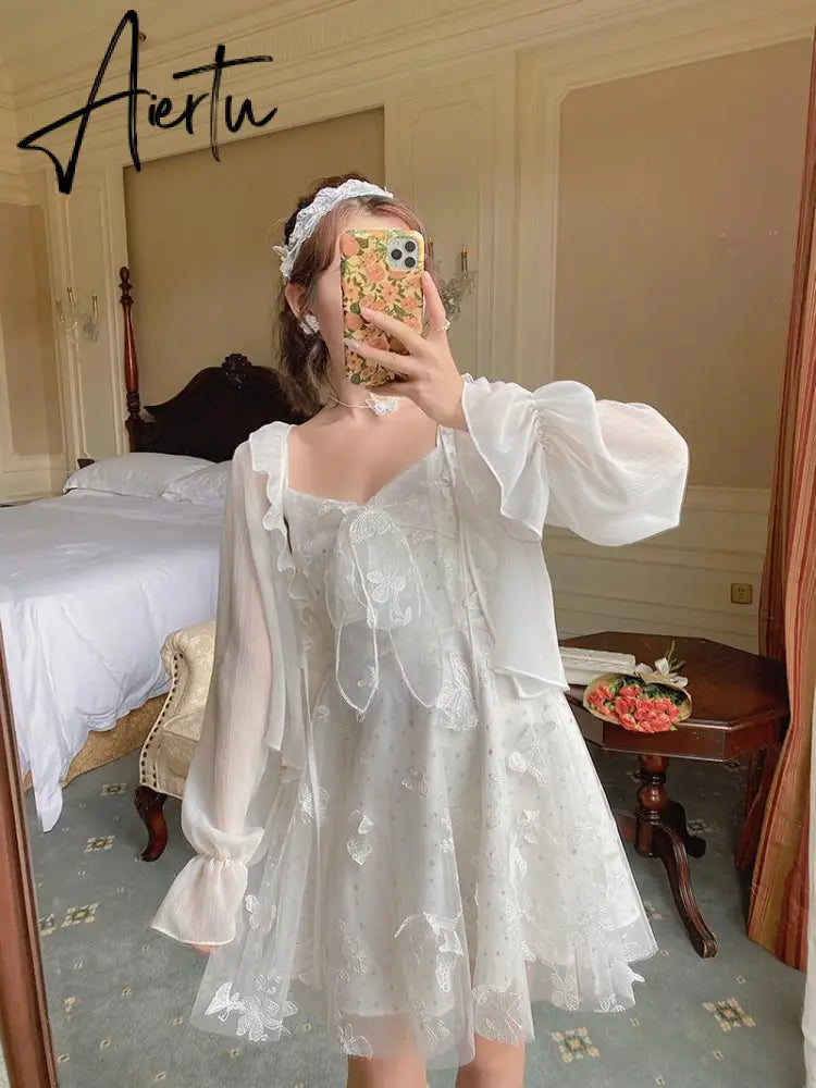 French Fairy Dress Women Elegant Sleeveless Chiffon Mini Dress Casual Floral Print Korean Kawaii Summer Dress Women Aiertu