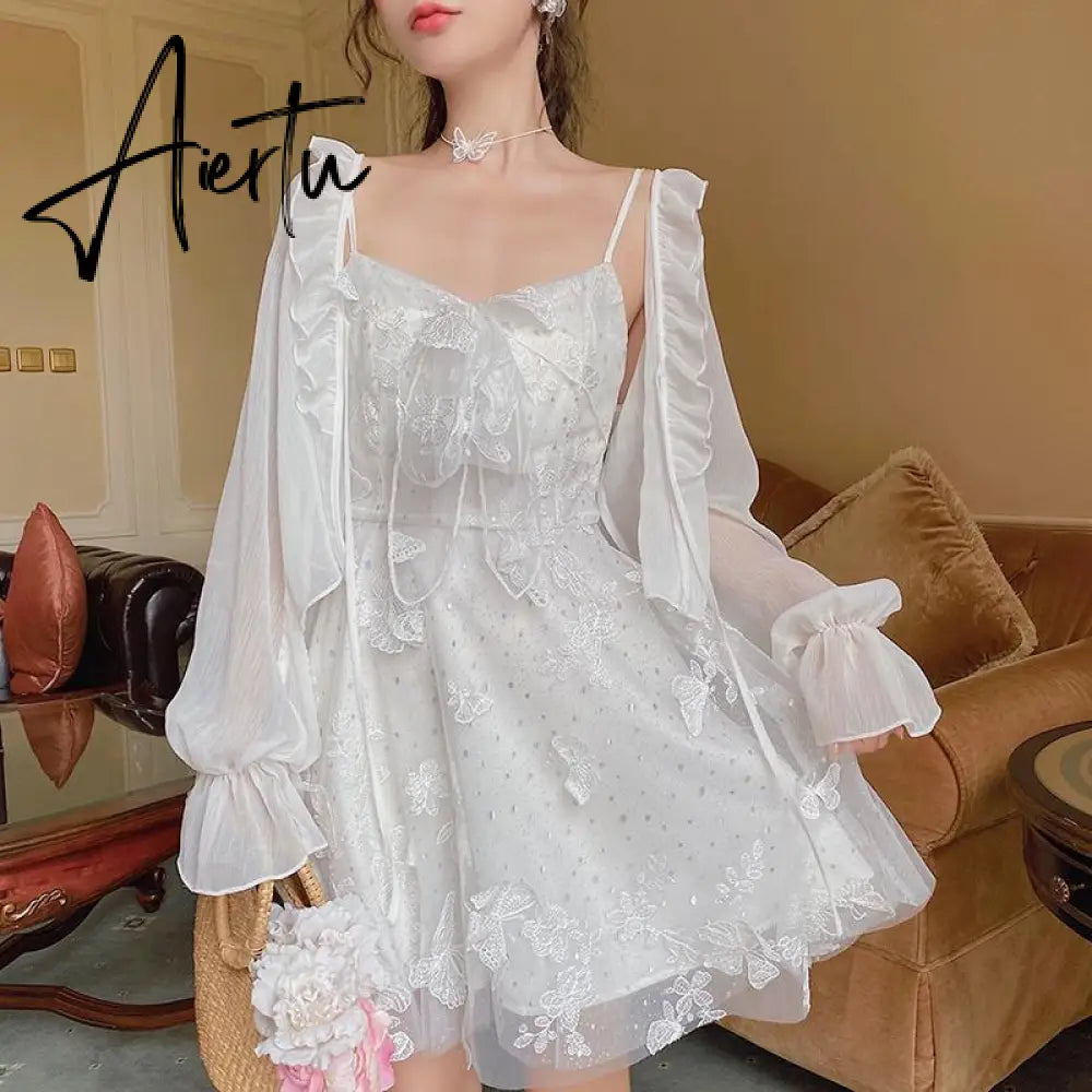 French Fairy Dress Women Elegant Sleeveless Chiffon Mini Dress Casual Floral Print Korean Kawaii Summer Dress Women Aiertu