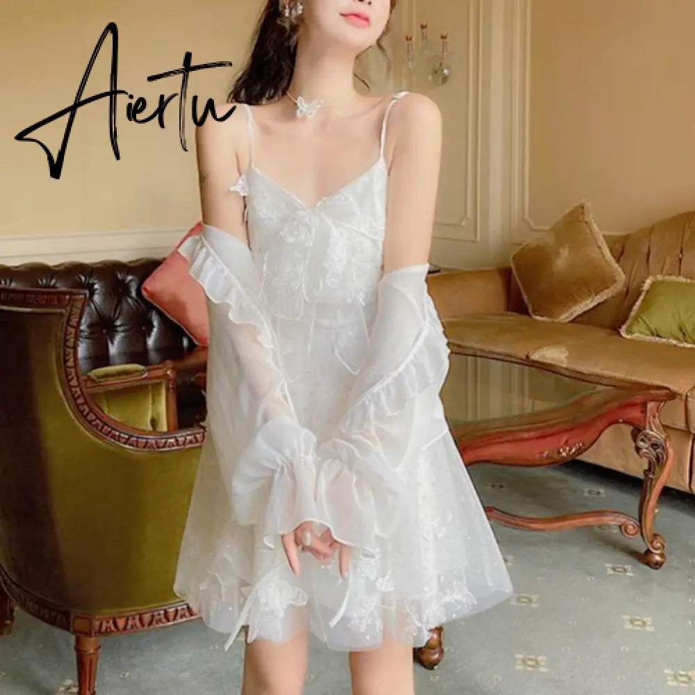 French Fairy Dress Women Elegant Sleeveless Chiffon Mini Dress Casual Floral Print Korean Kawaii Summer Dress Women Aiertu