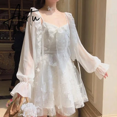 French Fairy Dress Women Elegant Sleeveless Chiffon Mini Dress Casual Floral Print Korean Kawaii Summer Dress Women Aiertu
