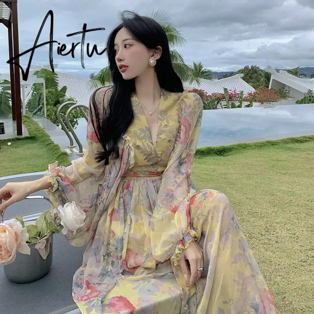 French Seaside Resort Maxi Dress Women Chiffon Puff Sleeve V Neck Floral Dress Female Vintage Elegant Print Long Beach Dress Aiertu