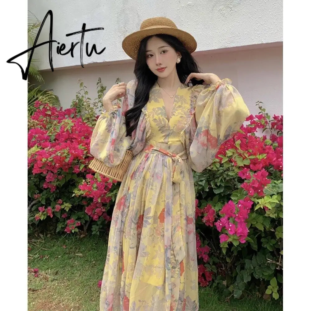 French Seaside Resort Maxi Dress Women Chiffon Puff Sleeve V Neck Floral Dress Female Vintage Elegant Print Long Beach Dress Aiertu