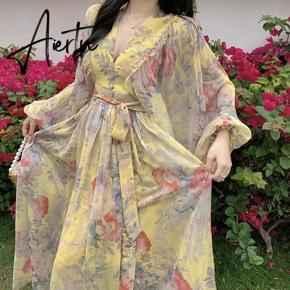 French Seaside Resort Maxi Dress Women Chiffon Puff Sleeve V Neck Floral Dress Female Vintage Elegant Print Long Beach Dress Aiertu