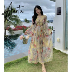French Seaside Resort Maxi Dress Women Chiffon Puff Sleeve V Neck Floral Dress Female Vintage Elegant Print Long Beach Dress Aiertu