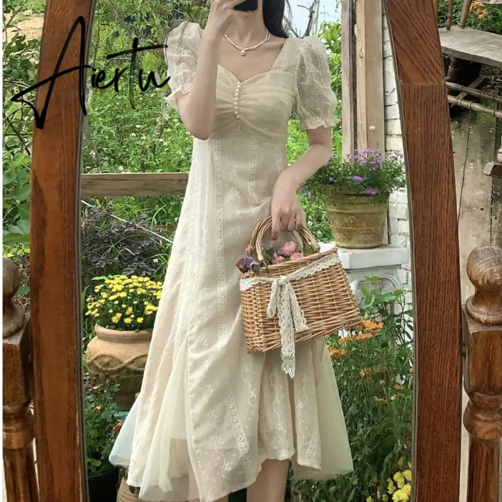 French Vinatge Midi Dresses Women Casual Short Sleeve Elegant Sweet Dress Female Party One Piece Dress Korean Fahion Summer Aiertu