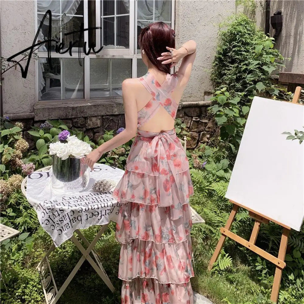 French Vintage Backless Beach Dress Women Summer Elegant Print Halterneck V-Neck Long Cake Dress Sexy Holiday Dress Aiertu