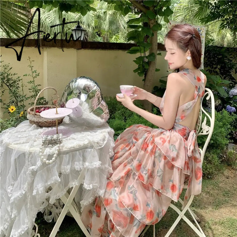 French Vintage Backless Beach Dress Women Summer Elegant Print Halterneck V-Neck Long Cake Dress Sexy Holiday Dress Aiertu