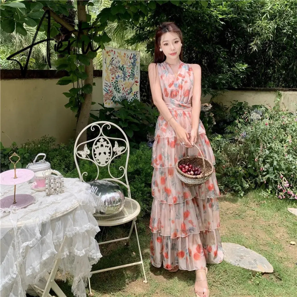 French Vintage Backless Beach Dress Women Summer Elegant Print Halterneck V-Neck Long Cake Dress Sexy Holiday Dress Aiertu