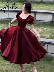 French Vintage Burgundy Evening Party Dress Women  Summer Elegant Romantic Prom Vestidos Korean A-line Graduation Dresses Aiertu
