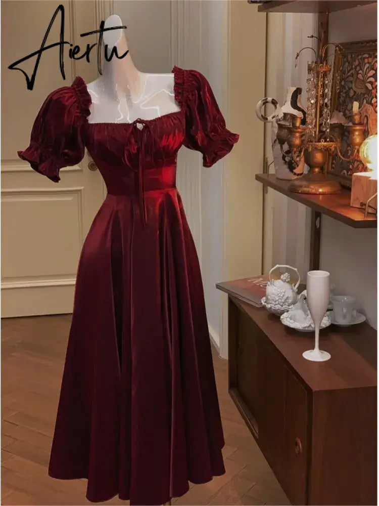 French Vintage Burgundy Evening Party Dress Women  Summer Elegant Romantic Prom Vestidos Korean A-line Graduation Dresses Aiertu