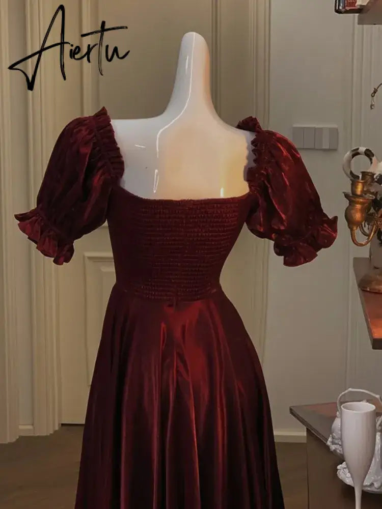 French Vintage Burgundy Evening Party Dress Women  Summer Elegant Romantic Prom Vestidos Korean A-line Graduation Dresses Aiertu