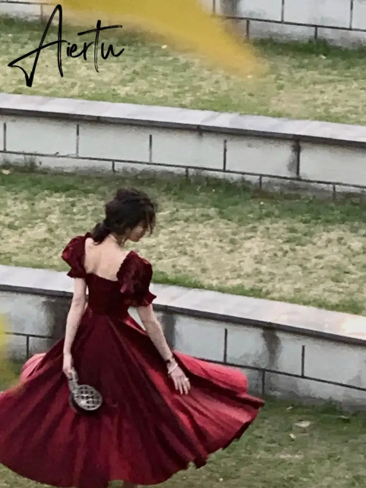 French Vintage Burgundy Evening Party Dress Women  Summer Elegant Romantic Prom Vestidos Korean A-line Graduation Dresses Aiertu