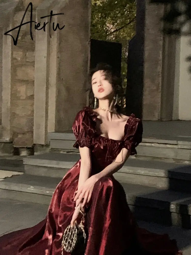 French Vintage Burgundy Evening Party Dress Women  Summer Elegant Romantic Prom Vestidos Korean A-line Graduation Dresses Aiertu