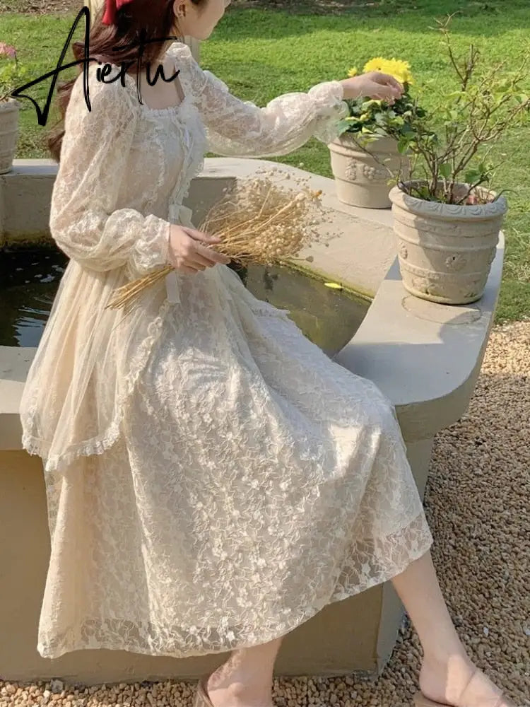French Vintage Dress Women Summer Long Sleeve Elegant Party Midi Dress Female Casual Retro One Piece Dress Korean Casual Aiertu