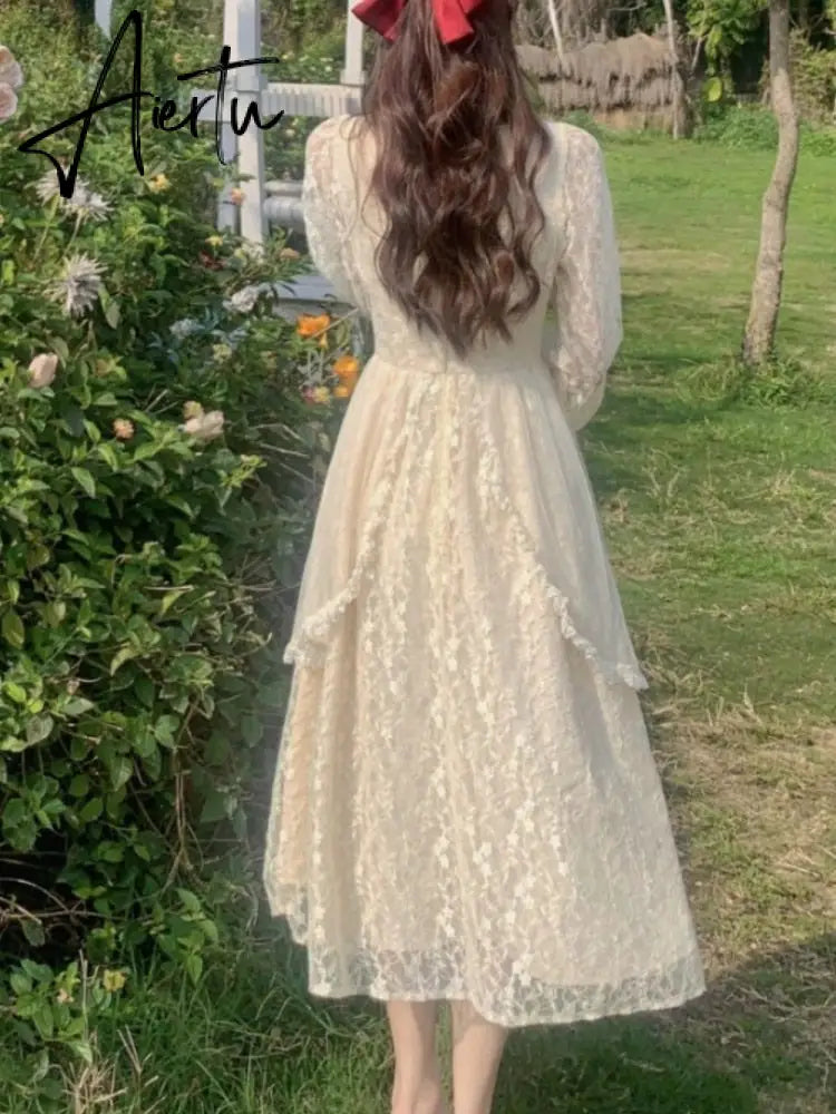 French Vintage Dress Women Summer Long Sleeve Elegant Party Midi Dress Female Casual Retro One Piece Dress Korean Casual Aiertu