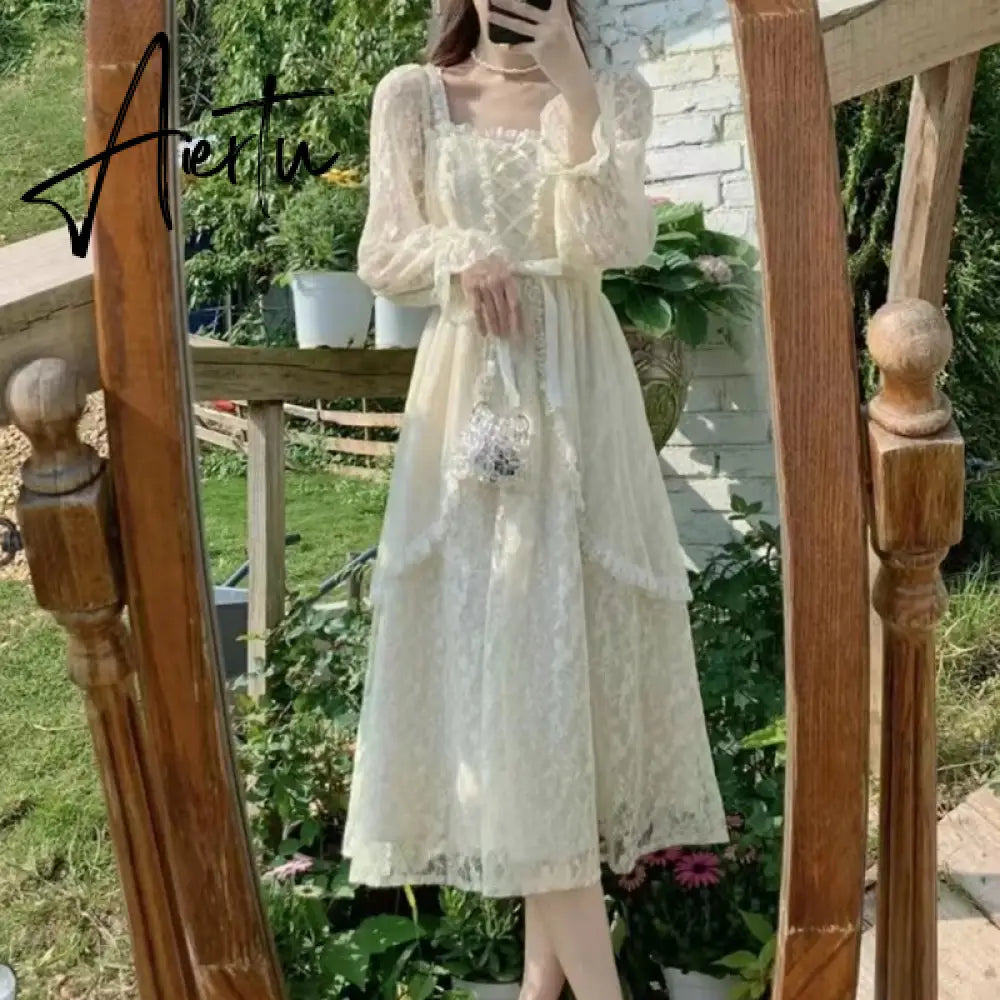 French Vintage Dress Women Summer Long Sleeve Elegant Party Midi Dress Female Casual Retro One Piece Dress Korean Casual Aiertu
