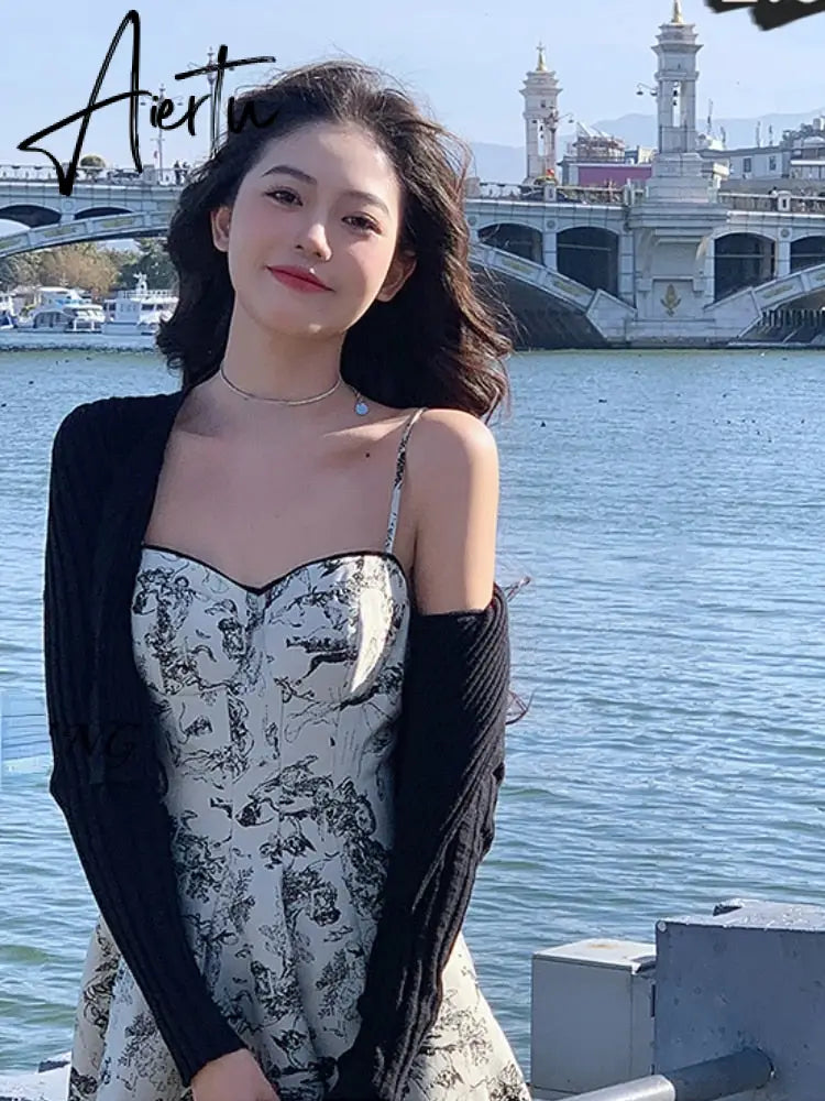 French Vintage Midi Dress Women Casual Elegant Floral Strap Dress Party Even Office Lady Slim One Piece Dress Korean Summer Aiertu