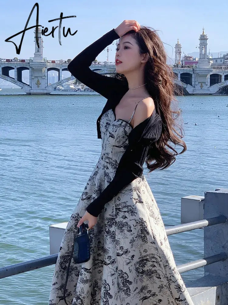 French Vintage Midi Dress Women Casual Elegant Floral Strap Dress Party Even Office Lady Slim One Piece Dress Korean Summer Aiertu
