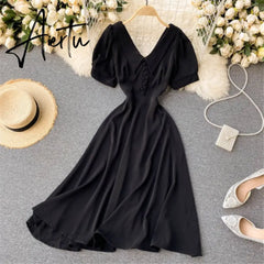 French Vintage Women Dress Summer White V-Neck Short Sleeve High Waist Elegant Midi Dresses Female Sweet Sundress Coisini Aiertu