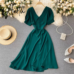 French Vintage Women Dress Summer White V-Neck Short Sleeve High Waist Elegant Midi Dresses Female Sweet Sundress Coisini Aiertu