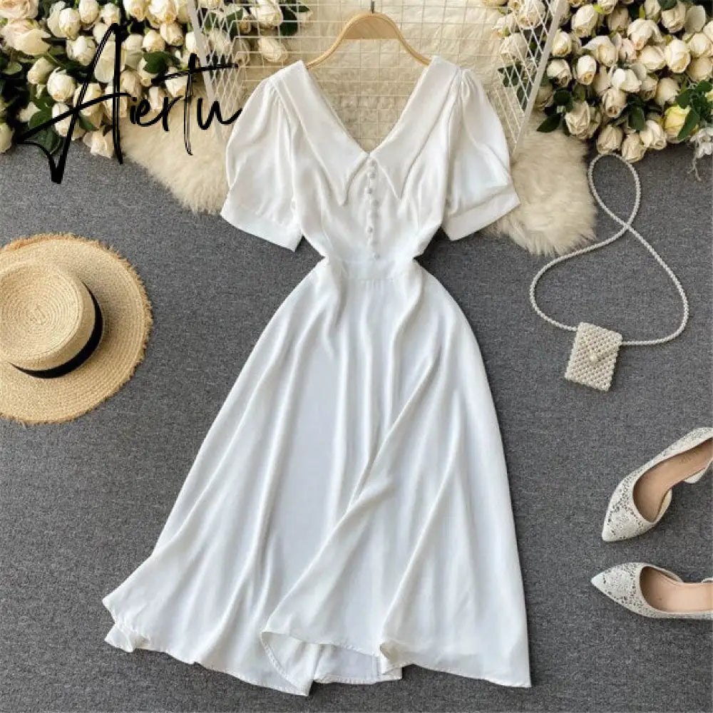 French Vintage Women Dress Summer White V-Neck Short Sleeve High Waist Elegant Midi Dresses Female Sweet Sundress Coisini Aiertu