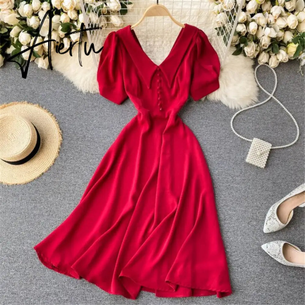 French Vintage Women Dress Summer White V-Neck Short Sleeve High Waist Elegant Midi Dresses Female Sweet Sundress Coisini Aiertu