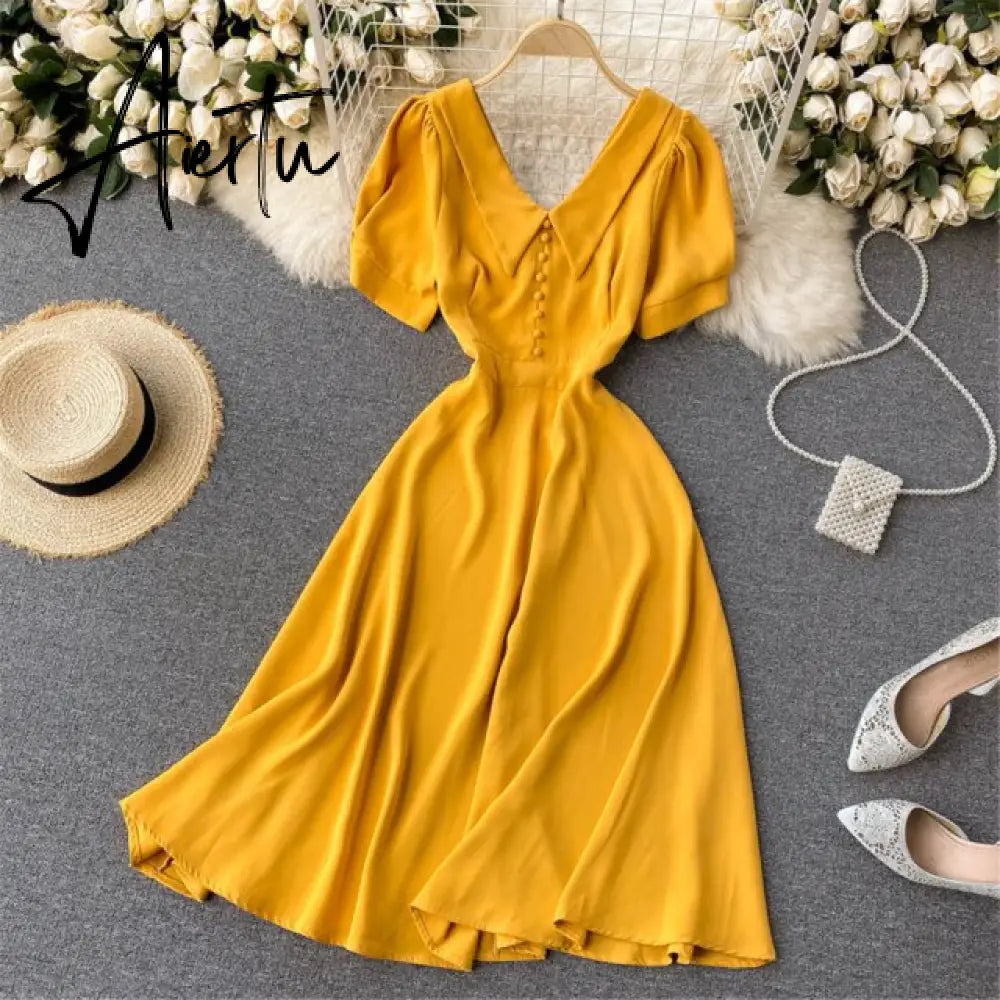 French Vintage Women Dress Summer White V-Neck Short Sleeve High Waist Elegant Midi Dresses Female Sweet Sundress Coisini Aiertu