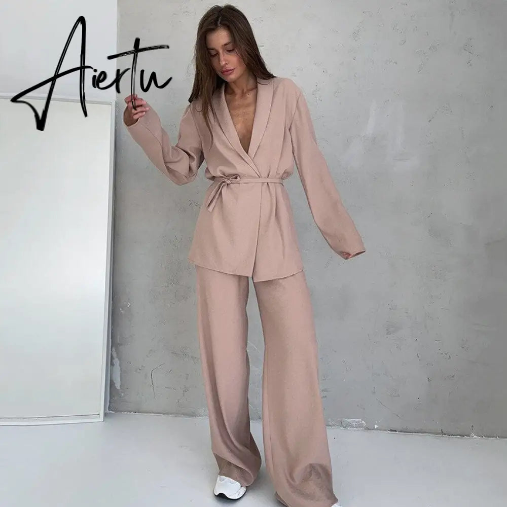 Full Sleeves Pajamas For Women Robe Suits With Pants Wide Leg Solid Loose Sets Womens Outfits  Home Suit Sleep Clothes Aiertu