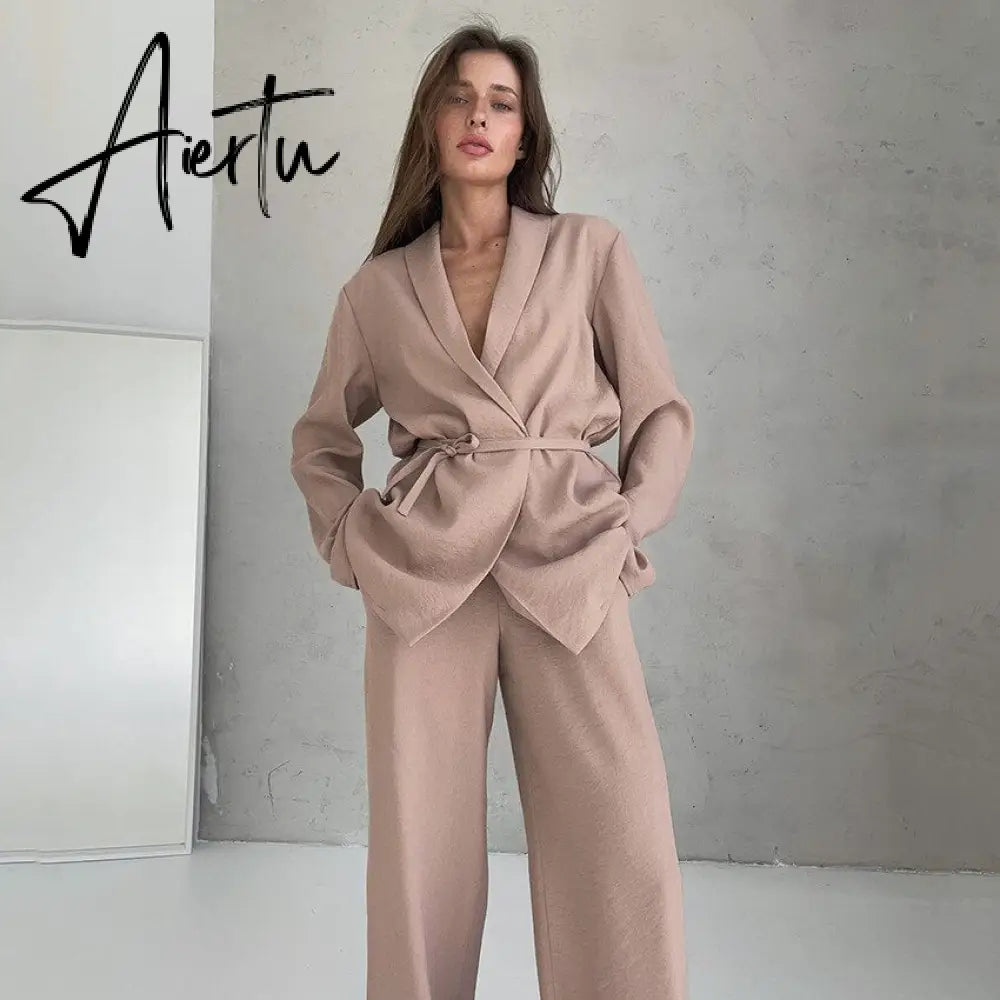 Full Sleeves Pajamas For Women Robe Suits With Pants Wide Leg Solid Loose Sets Womens Outfits  Home Suit Sleep Clothes Aiertu