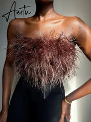 Fur Feather Strapless Tube Tops For Women Party Fashion Bustier Cute Top Y2k Club New Sexy Mini Fluffy Corset Top Aiertu