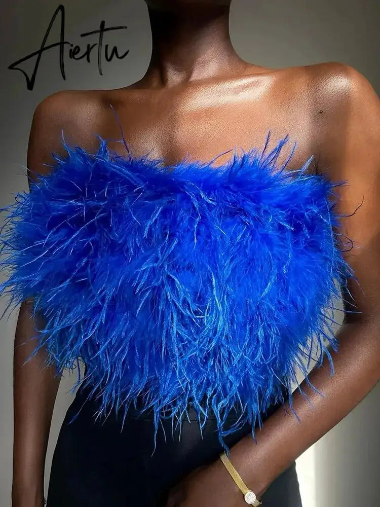 Fur Feather Strapless Tube Tops For Women Party Fashion Bustier Cute Top Y2k Club New Sexy Mini Fluffy Corset Top Aiertu