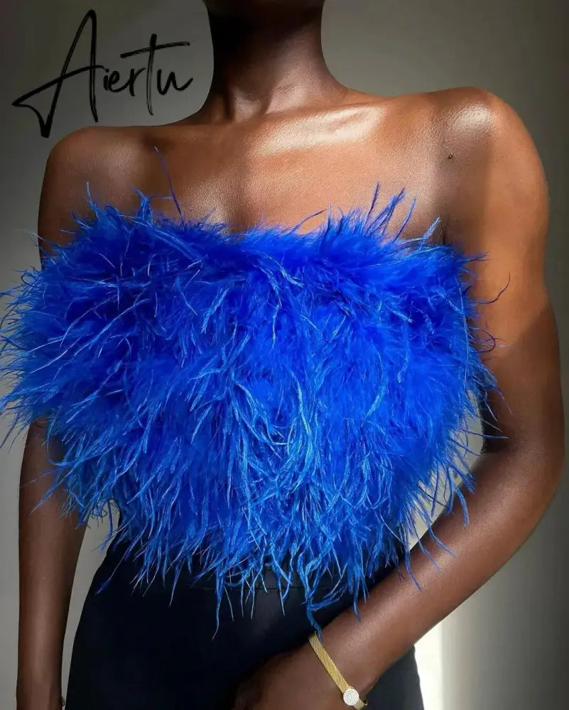 Fur Feather Strapless Tube Tops For Women Party Fashion Bustier Cute Top Y2k Club New Sexy Mini Fluffy Corset Top Aiertu