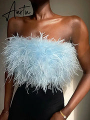 Fur Feather Strapless Tube Tops For Women Party Fashion Bustier Cute Top Y2k Club New Sexy Mini Fluffy Corset Top Aiertu