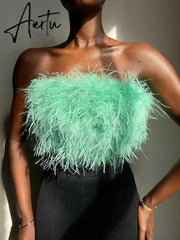 Fur Feather Strapless Tube Tops For Women Party Fashion Bustier Cute Top Y2k Club New Sexy Mini Fluffy Corset Top Aiertu