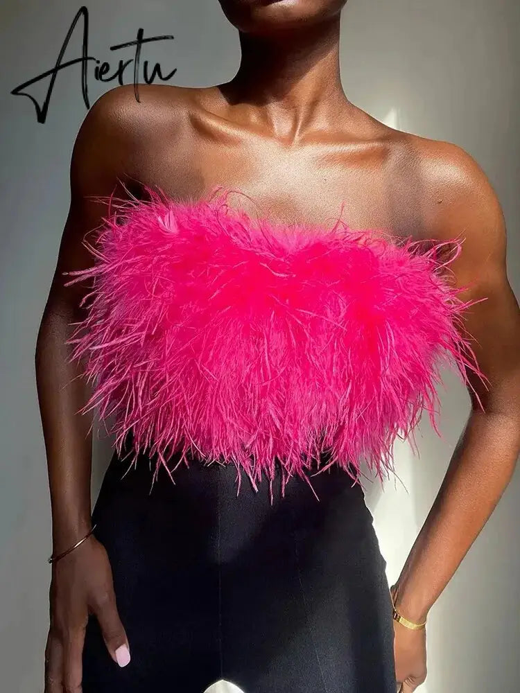 Fur Feather Strapless Tube Tops For Women Party Fashion Bustier Cute Top Y2k Club New Sexy Mini Fluffy Corset Top Aiertu