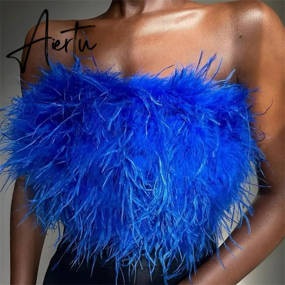 Fur Feather Strapless Tube Tops For Women Party Fashion Bustier Cute Top Y2k Club New Sexy Mini Fluffy Corset Top Aiertu