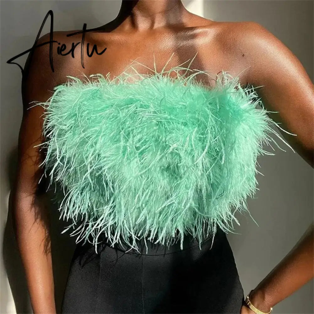 Fur Feather Strapless Tube Tops For Women Party Fashion Bustier Cute Top Y2k Club New Sexy Mini Fluffy Corset Top Aiertu