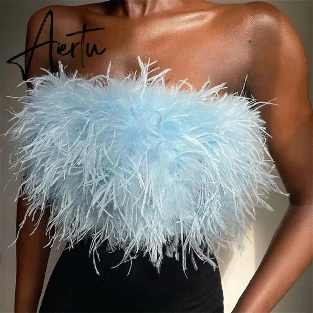 Fur Feather Strapless Tube Tops For Women Party Fashion Bustier Cute Top Y2k Club New Sexy Mini Fluffy Corset Top Aiertu
