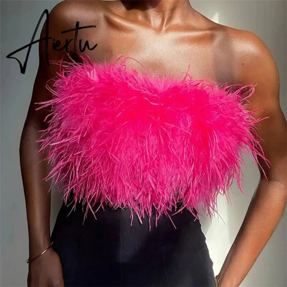 Fur Feather Strapless Tube Tops For Women Party Fashion Bustier Cute Top Y2k Club New Sexy Mini Fluffy Corset Top Aiertu