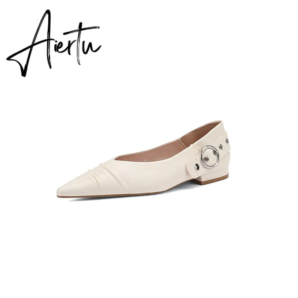 Genuine Leather Mary Jane Women's Shoes Fashion Retro Buckle Shallow Pumps Pointed Toe Low-heel Handmade Shoes Woman Size 34-40 Aiertu