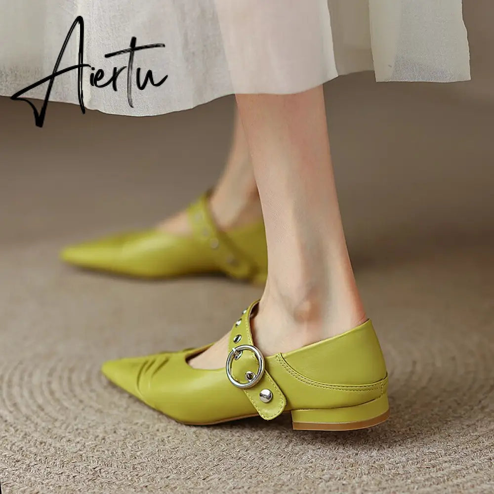Genuine Leather Mary Jane Women's Shoes Fashion Retro Buckle Shallow Pumps Pointed Toe Low-heel Handmade Shoes Woman Size 34-40 Aiertu