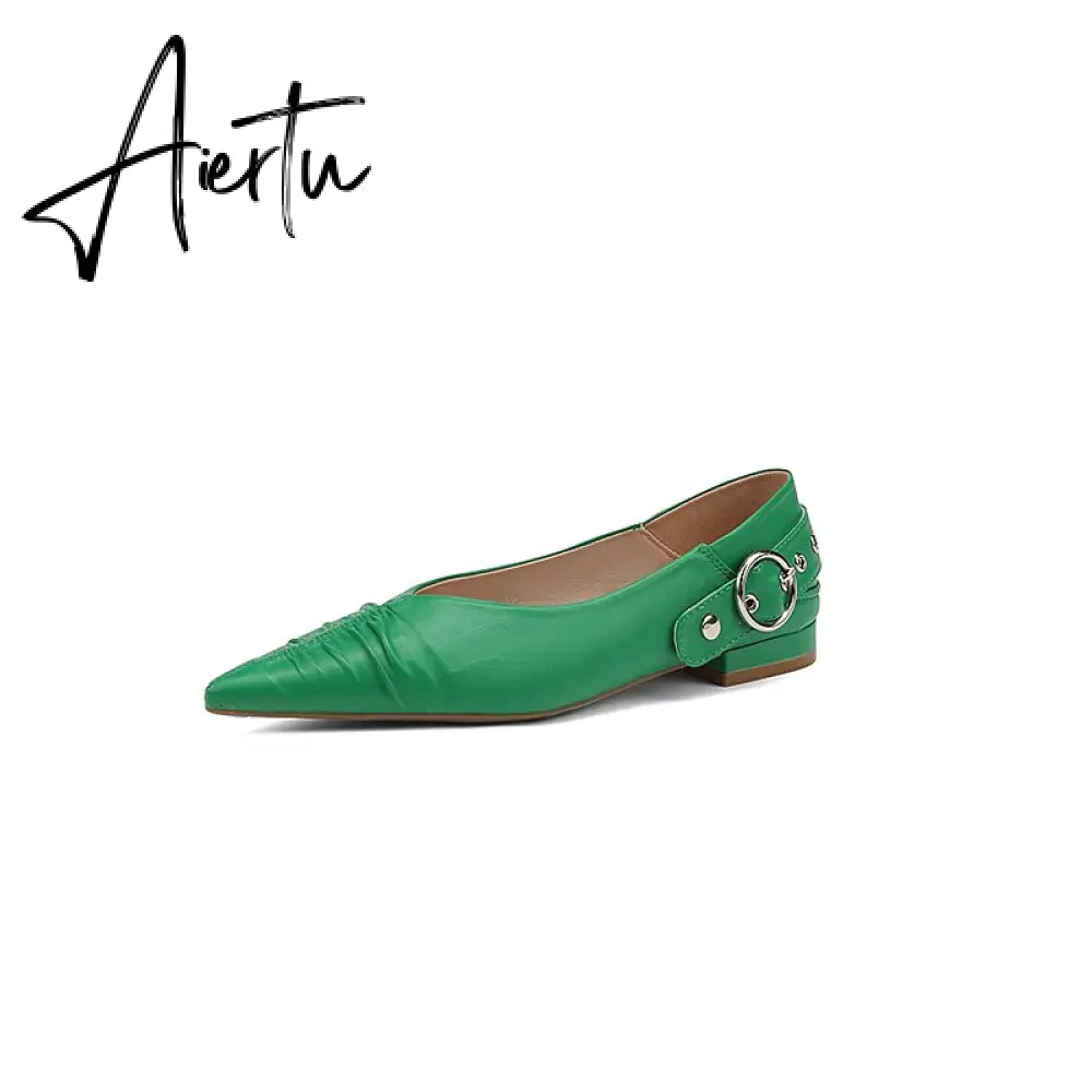 Genuine Leather Mary Jane Women's Shoes Fashion Retro Buckle Shallow Pumps Pointed Toe Low-heel Handmade Shoes Woman Size 34-40 Aiertu