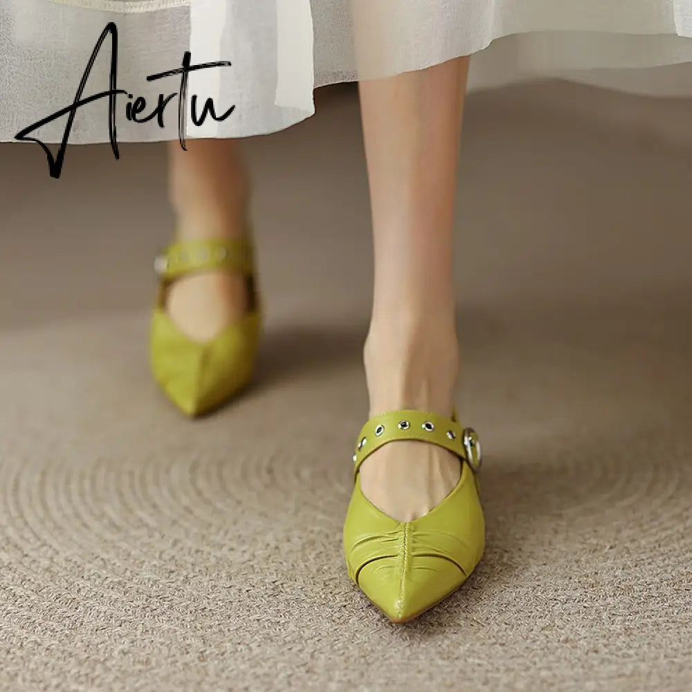 Genuine Leather Mary Jane Women's Shoes Fashion Retro Buckle Shallow Pumps Pointed Toe Low-heel Handmade Shoes Woman Size 34-40 Aiertu