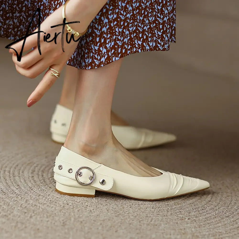 Genuine Leather Mary Jane Women's Shoes Fashion Retro Buckle Shallow Pumps Pointed Toe Low-heel Handmade Shoes Woman Size 34-40 Aiertu