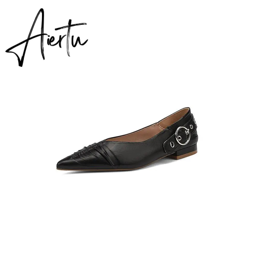 Genuine Leather Mary Jane Women's Shoes Fashion Retro Buckle Shallow Pumps Pointed Toe Low-heel Handmade Shoes Woman Size 34-40 Aiertu